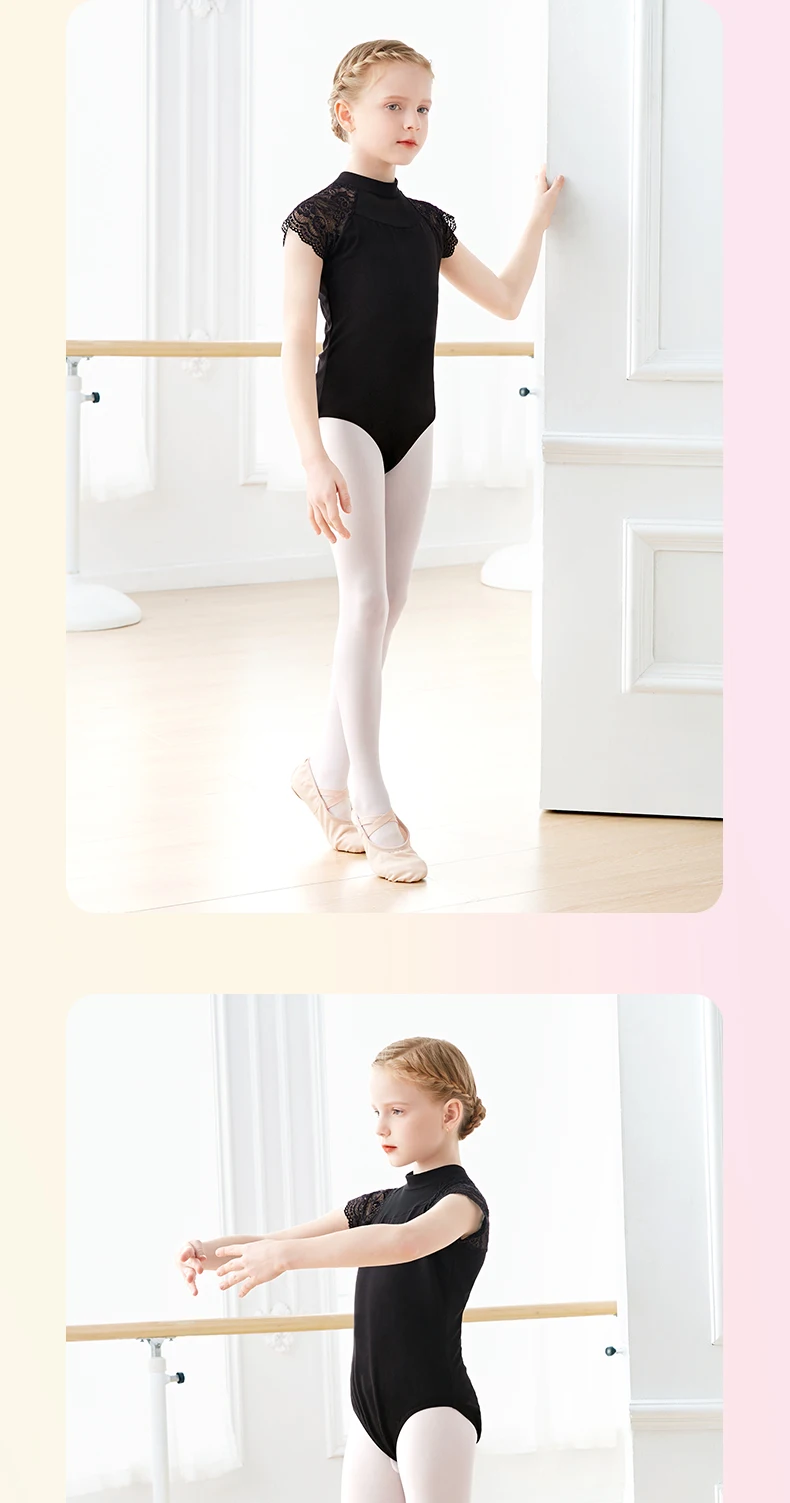 Girls Lace Ballet Leotards Stand Collar Hollow Back Gymnastics Leotard Cotton Ballet Bodysuit Kids Dance Leotards for Girls