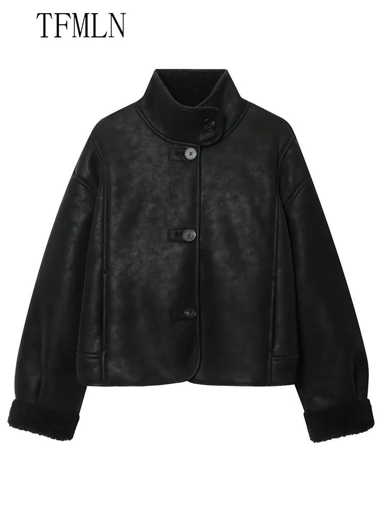 Women New Faux Leather Coat 2025 Autumn Winter Stand Collar Single Breasted Long Sleeve Jacket Fashion Female Loose Lady Outwear