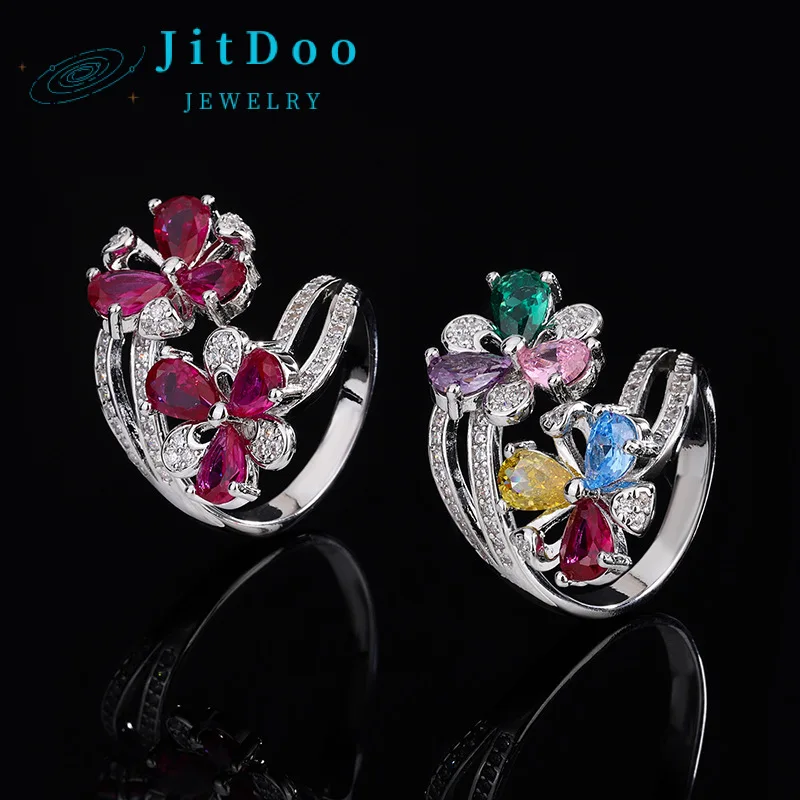 

JitDoo New Arrival 925 Sterling Silver Rings Pink Flower Delicate Luxury Promise Wedding Women’s Ring Set Engagement Jewelry