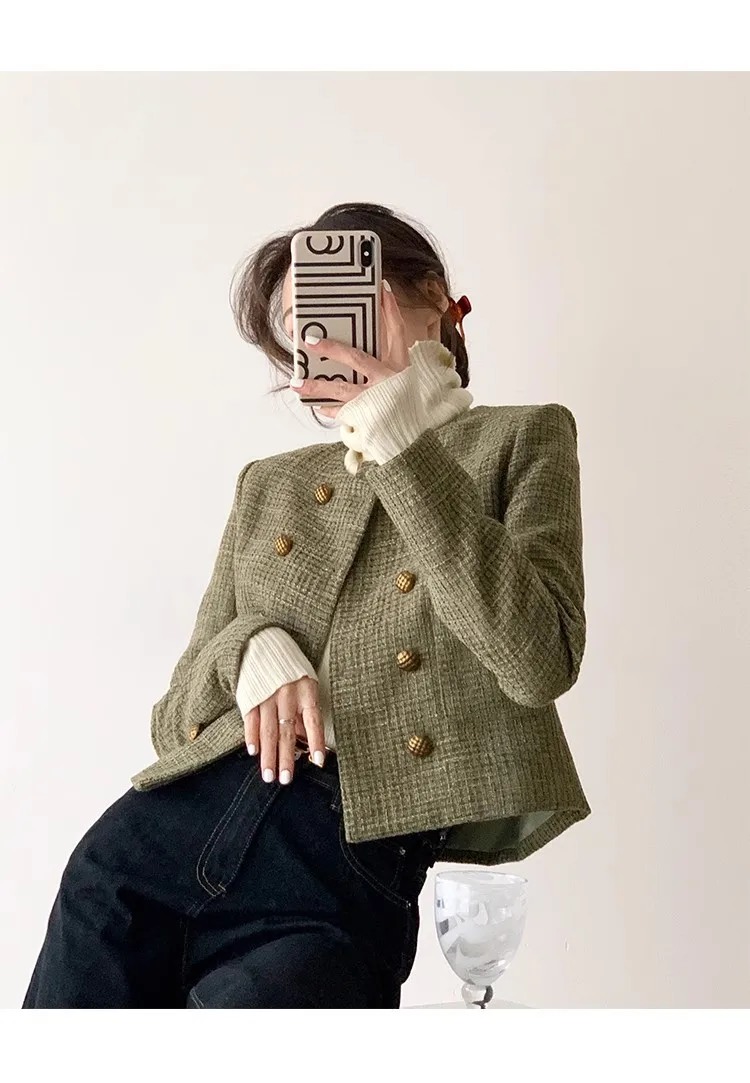 Couture Style Short Coat Vintage French Women's Fashion Spring Autumn Polyester Fiber Versatile Medium Thick Long Sleeve Polo...