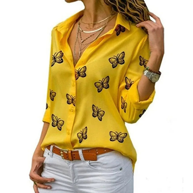 Butterfly Print Loose Blouse Shirts Summer Female Long Sleeve Button Baggy OL Workwear Tops ARJ-199Y