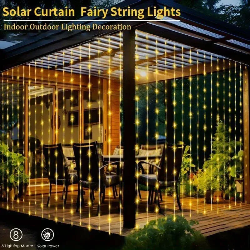Description Picture 2 of item3M/6M 8 Modes Solar Curtain String Fairy Lights,for Porch Backyard Wedding Party Home Garden Christmas Decoration Natal Mariage