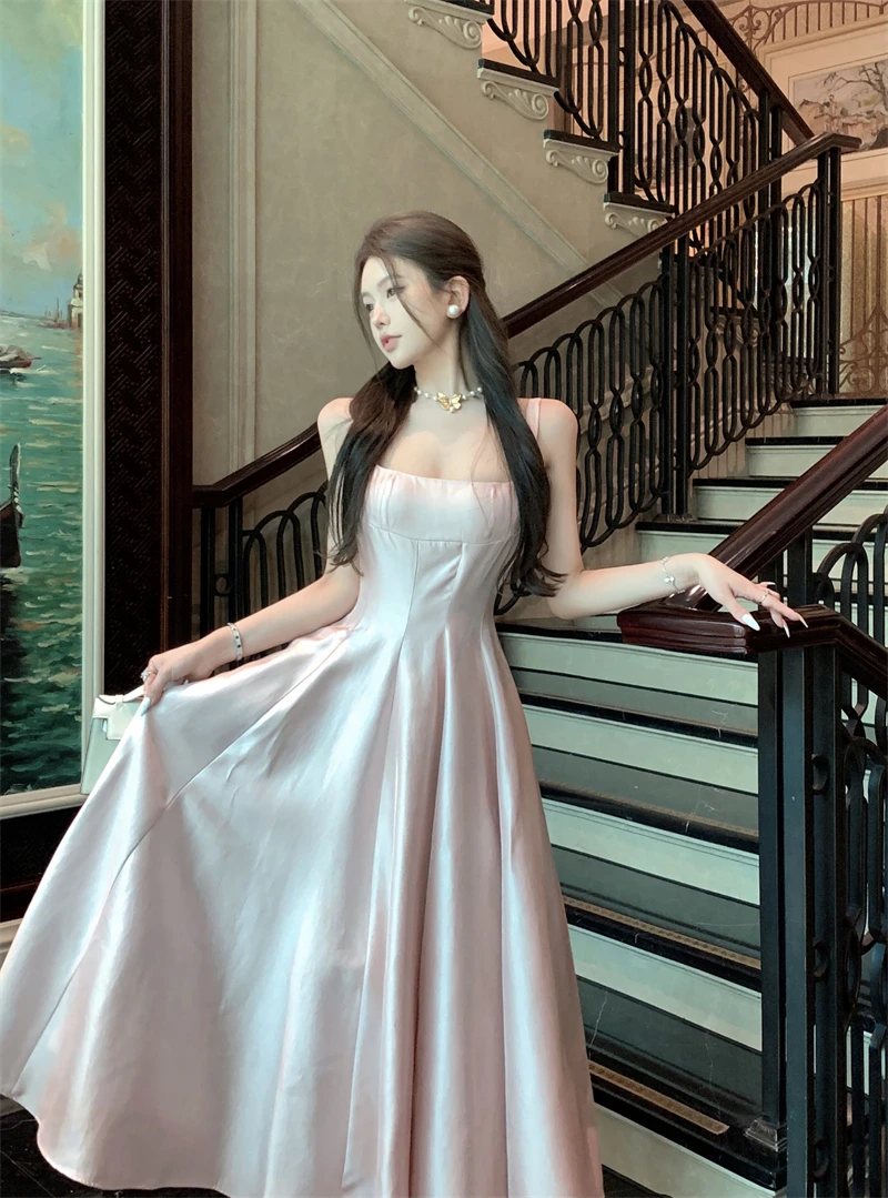 Elegant Satin Midi Dresses for Women Sleeveless High Waist Evening Party Dress A-line Prom Robe Korean Fashion Summer Vestidos