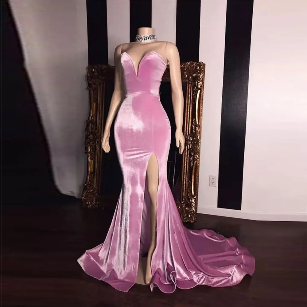 

Pink Velvet Mermaid Prom Dresses Women Sexy 2024 V-neck Split Thigh Evening Gown Draped Sweep Train Formal Party Robes de soirée