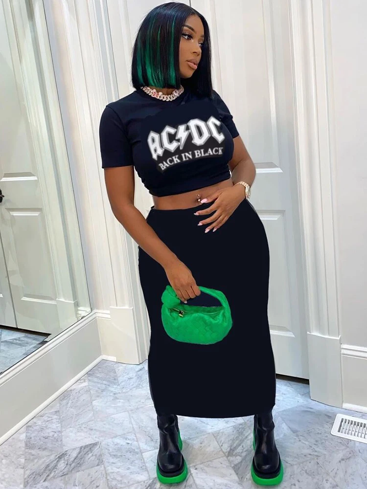 

Sifreyr Casual Letter Print Skirt Set Women Fashion Short Sleeve Cropped Tee Tops Long Skirts Suits Y2K Streetwear 2 Piece Sets