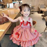 Robe Lolita pour filles, style été, robe de princesse élégante à carreaux pour enfants, robe d'été dos nu à bretelles pour bébé fille 3