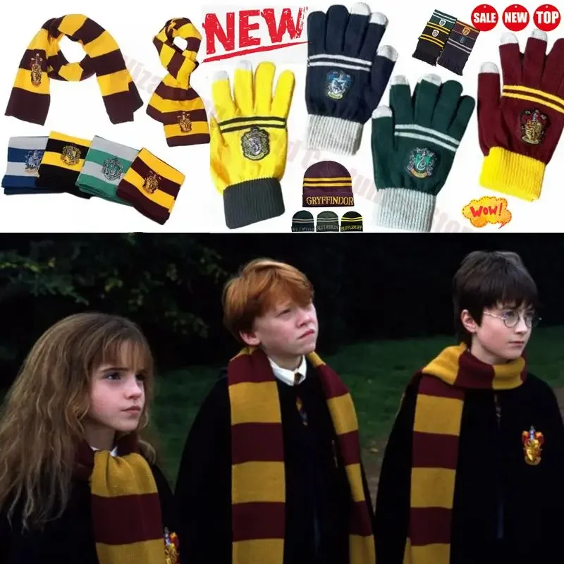 NEW HarryyPotter Slytherin Scarf Tie Gloves Hufflepuff Ravin Claw Hermione Scarf Hermione Cosplay Warm Knit Hat Gifts