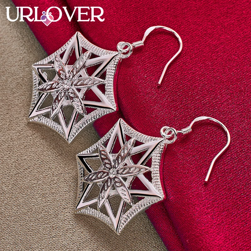 

URLOVER 925 Sterling Silver Earring For Woman Hexagonal Pattern Drop Earrings Party Birthday Wedding Fashion Charm Jewelry Gifts