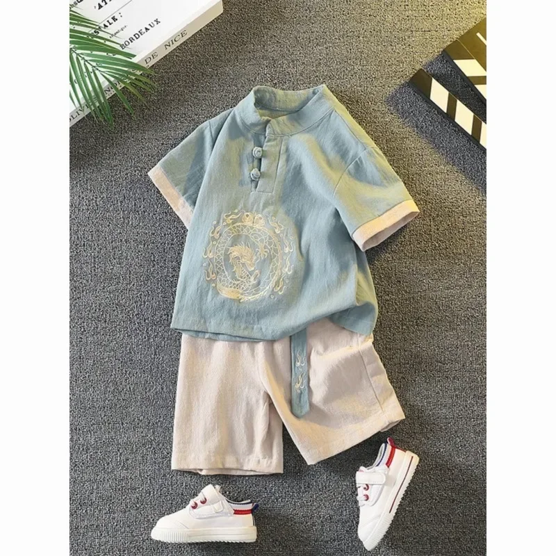 Summer Cute Cotton Linen Dragon Embroidery Short Sleeve Tang Suit Boys Chinese Style Children's Clothing Tai Chi Clothing