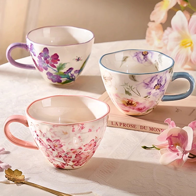 Chinese Style Ceramic Gift Cute Mug, Home Personal Office Creative Hand Drawn Flower Patterns, Milk Water Coffee Cup, 350ml, 1Pc