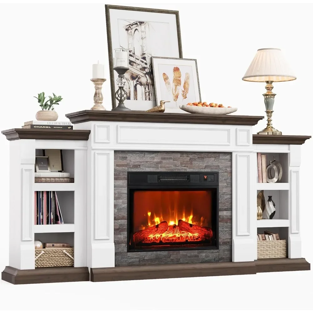 Naice 70" Electric Fireplace with Mantel and Cabinets, Fireplace TV Stand for Living Room Bedroom, Stacked Stone Surround 2