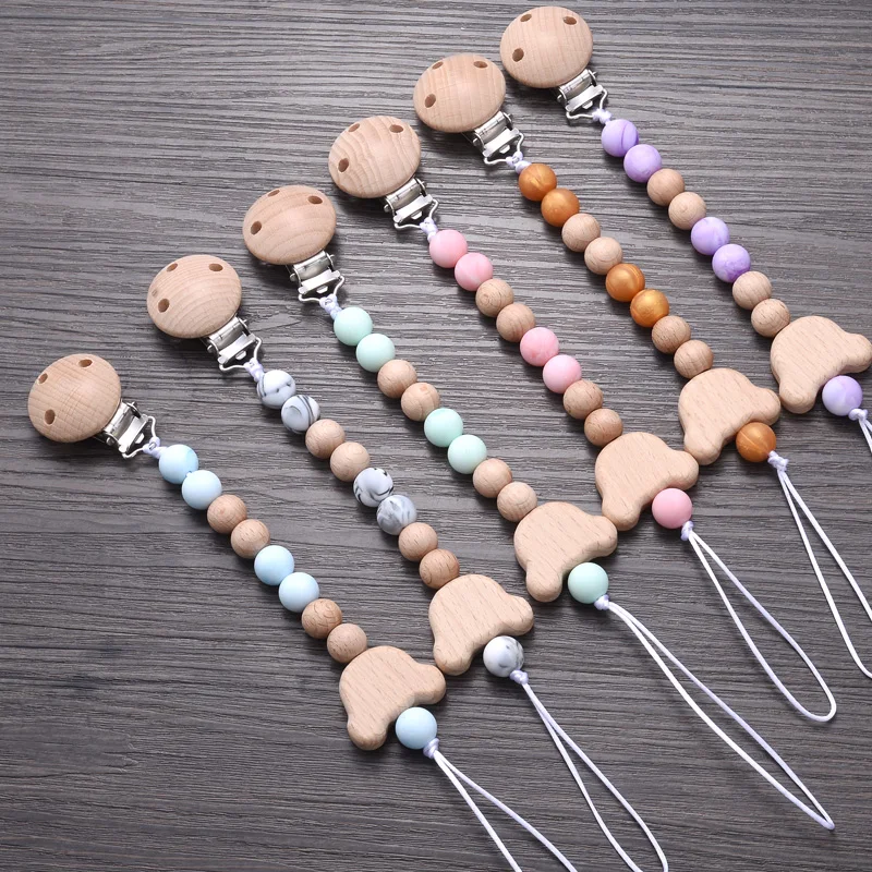 

Baby Cartoon Bear Wood Silicone Pacifier Chain Dummy Nipple Holder Anti-drop Beech Wood Pacifier Clip Teether Care Chew Gift