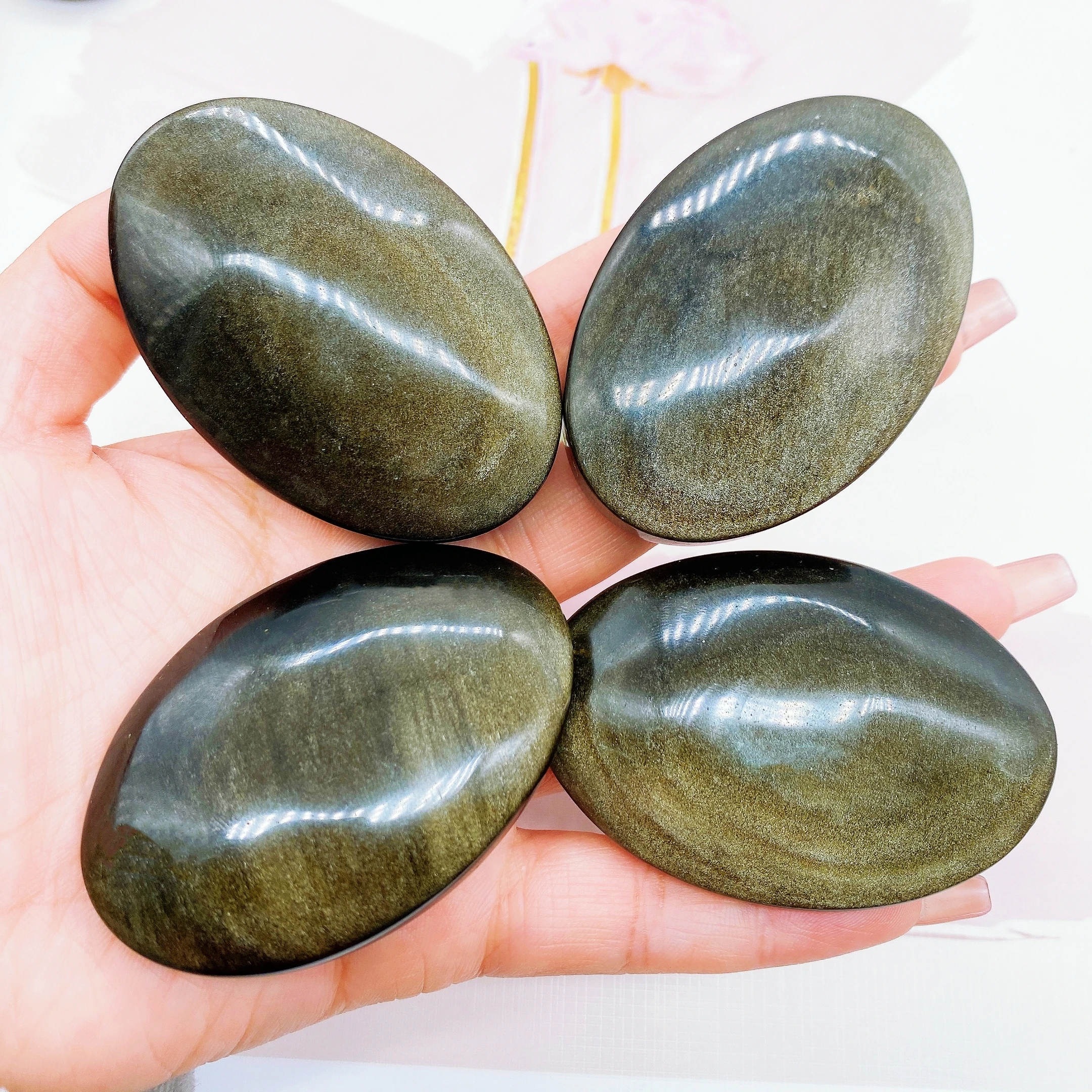 Natural Crystal Gem Gold Obsidian Palm Stone Thumb Toy Hot Compress Crafts Healing Health Family message tool Home Decor Gift