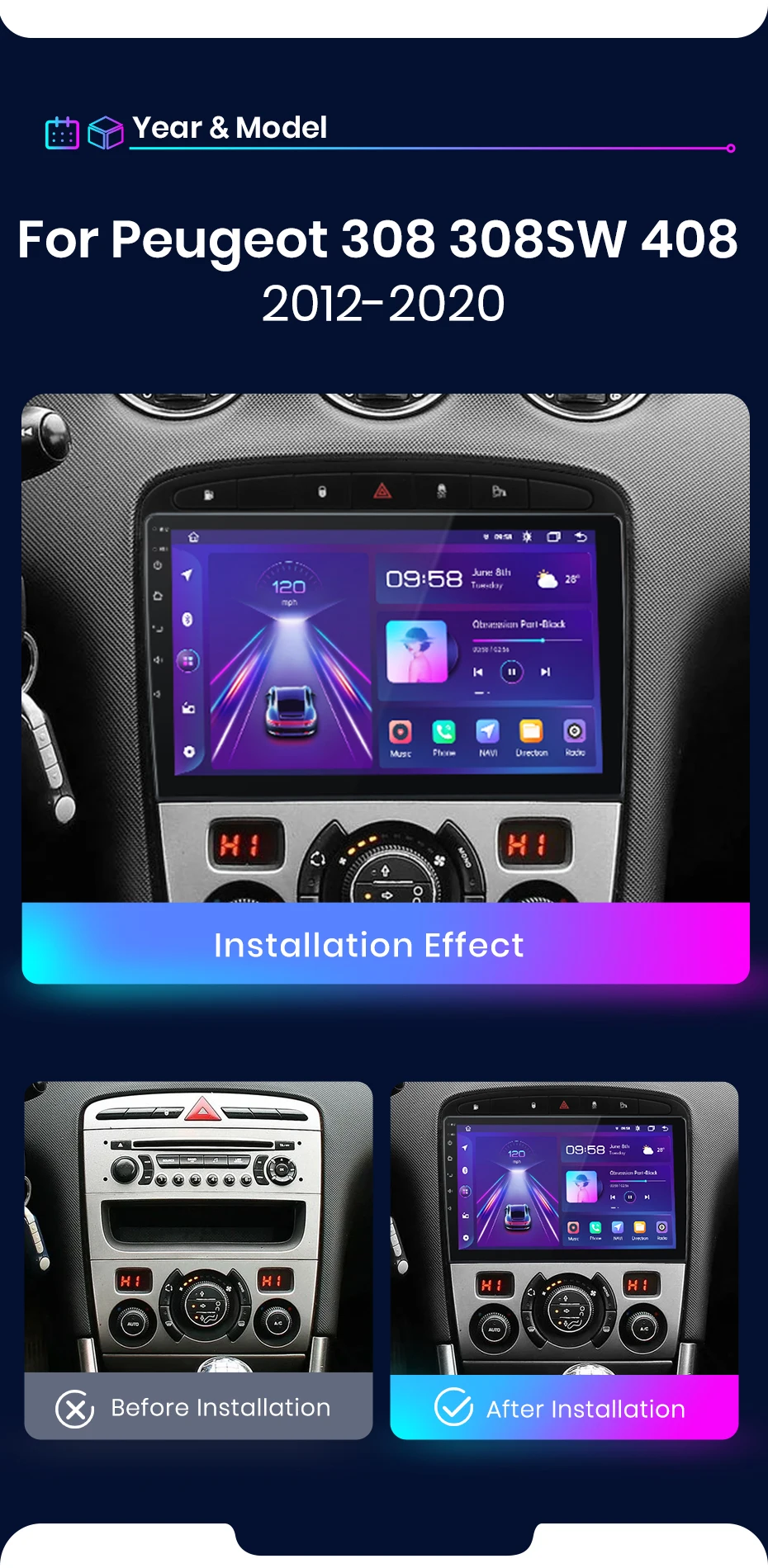 Junsun AI Wireless CarPlay für Apple Android 14 Auto Autoradio für Peugeot 308 308 SW 408 2012 2013-2020 Multimedia Navi Stereo – Detail 3