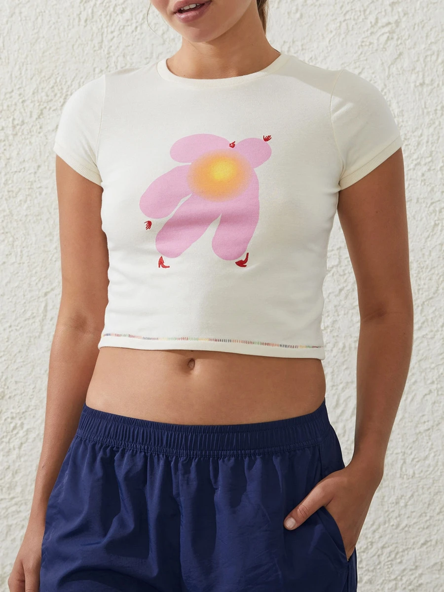 

Women's Crop Tops Casual Slim Fit Short Sleeve Round Neck Graphic Print Showing Navel T-Shirt Tops for Summer