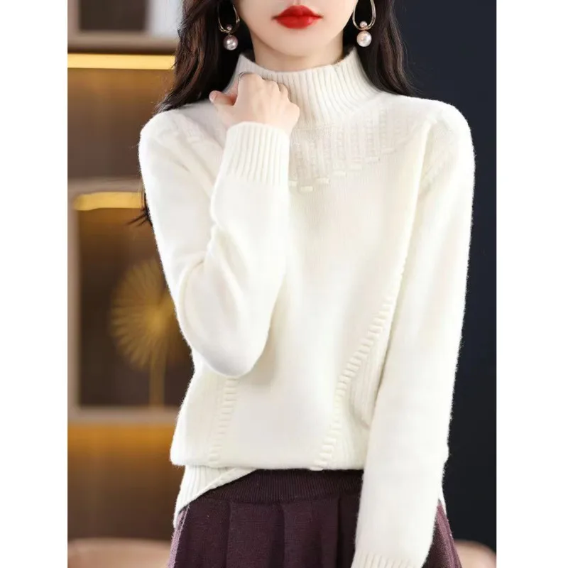 

Новинка Осень-зима 2023, женские свитера, свободная утепленная вязаная рубашка с полувысоким воротником, пуловер с длинным рукавом, Женский Топ