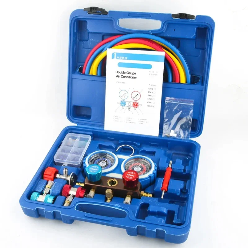 Auto Fluoride Meter Refrigerant Pressure Gauge Double Gauge Valve Air Conditioner Pressure tool set for vechile Air Conditioner