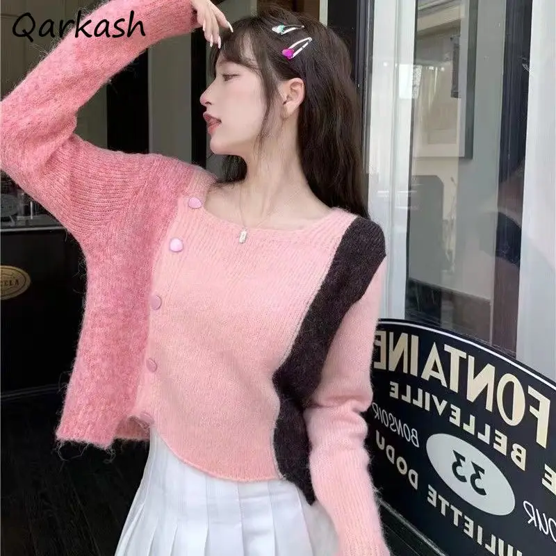 

Panelled Baggy Crop Pullovers Sweet Cozy Autumn Lovely Girlish Knitting Korean Fashion Clothing Chic Square Collar Romantic OOTD