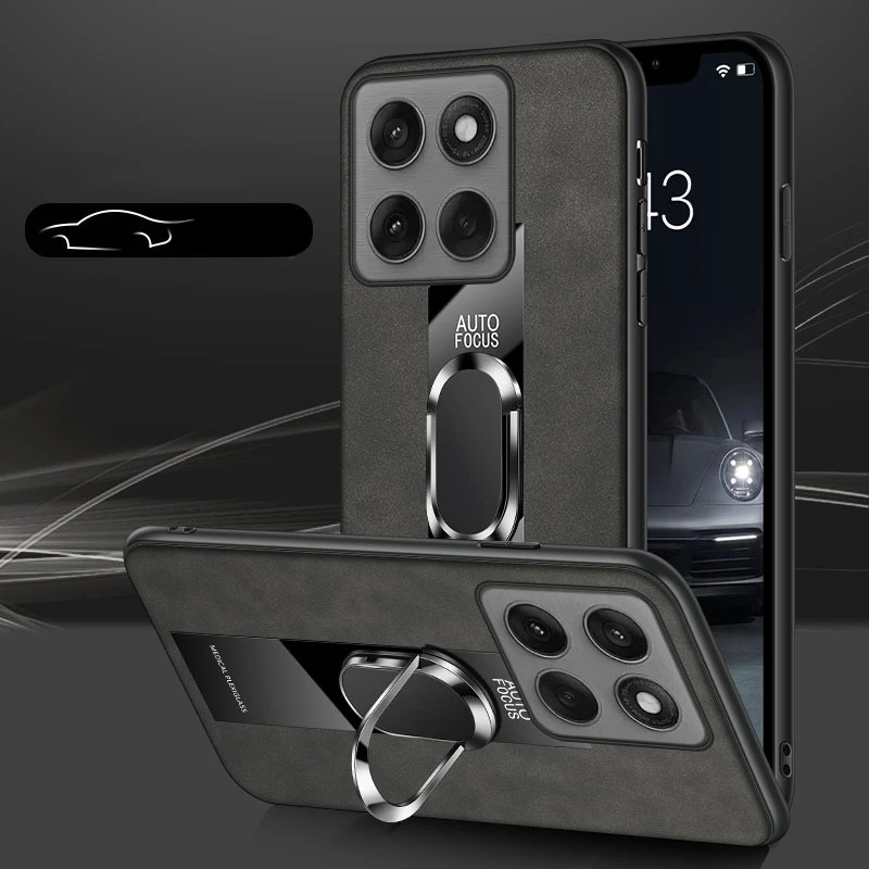 Premium Sheepskin Leather Case with Magnetic Ring Holder and Stand - Shockproof and Stylish