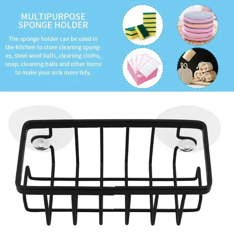 Home With Hook Draining Durable Soap Black Kitchen Sink Scrubber Countertop Sponge Holder Hollowed Suction Cup Caddy Organizer 5