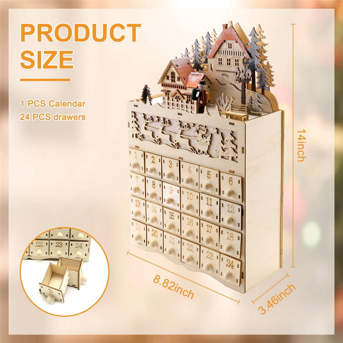 

Wooden Christmas Advent Calendar Countdown to Christmas LED Holiday Decoration 24 Drawers with LED Light