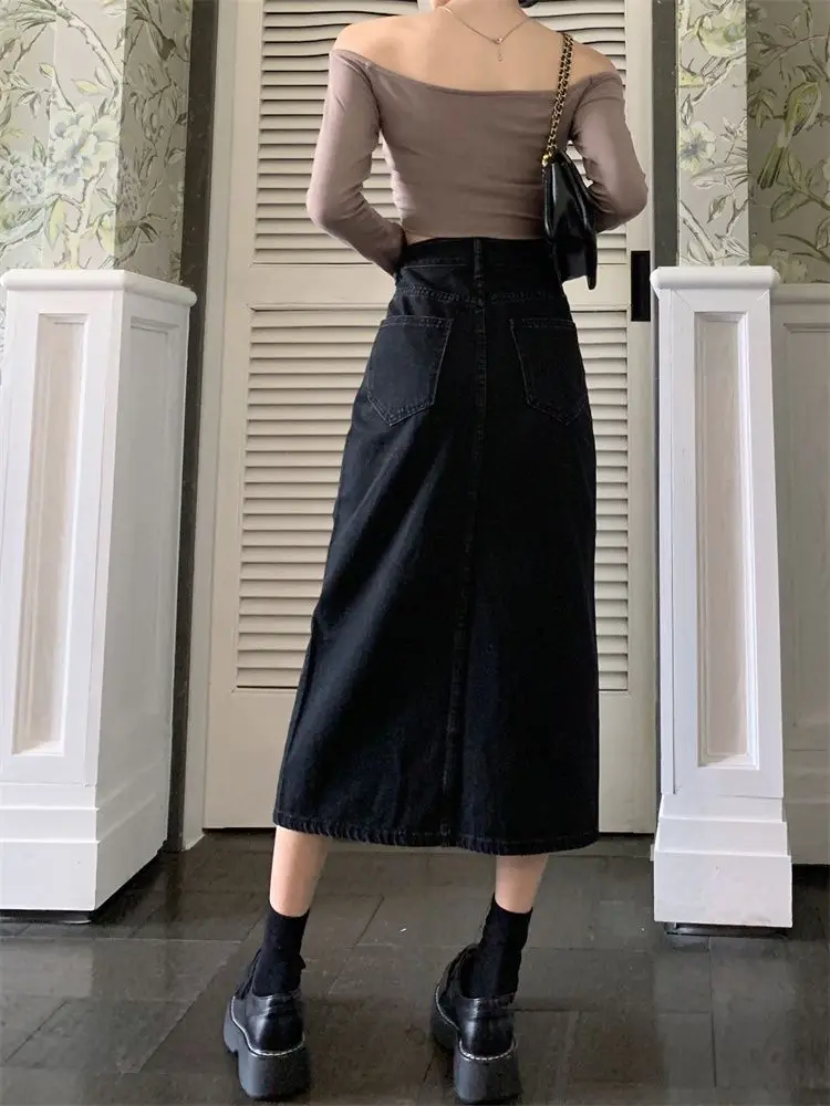 Skirts Women Denim Retro Washed Ulzzang High Waist Streetwear Vintage All-match Front-slit Design Chic Female Student Mid-calf