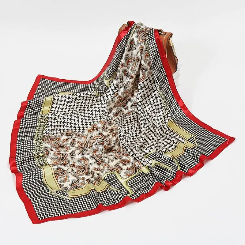 

90cm Spring New Houndstooth Cashew Chain Color Matching Ladies Leisure Decoration Simulation Silk Scarf Shawl Large Square Scarf