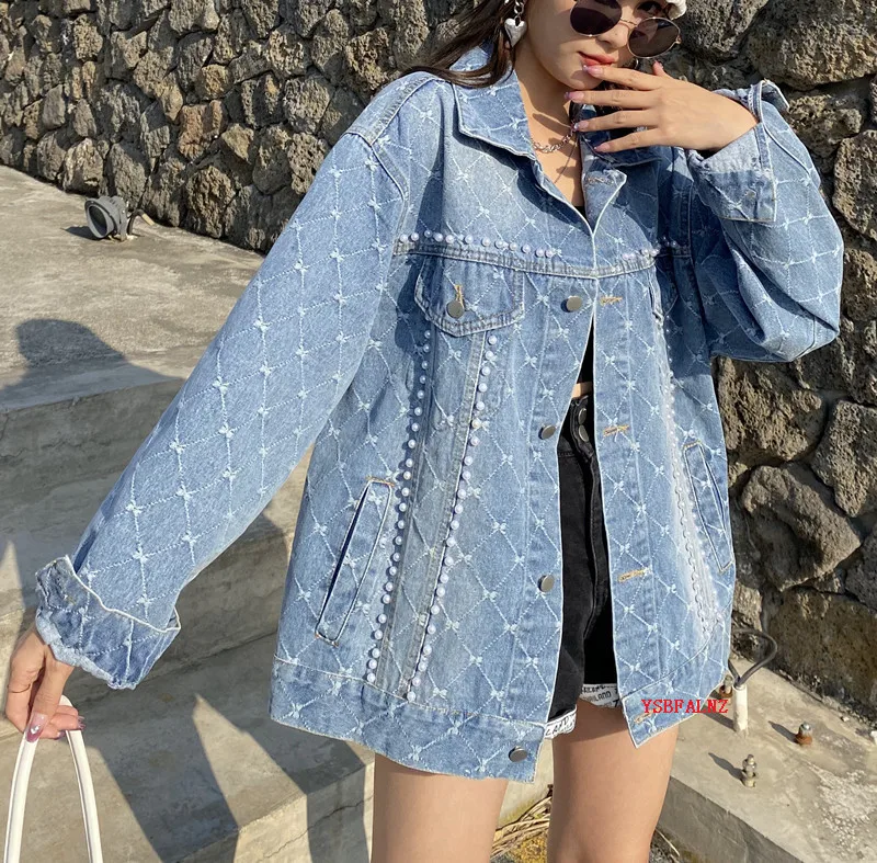 Pearl Beaded Denim Jacket Women Washed 