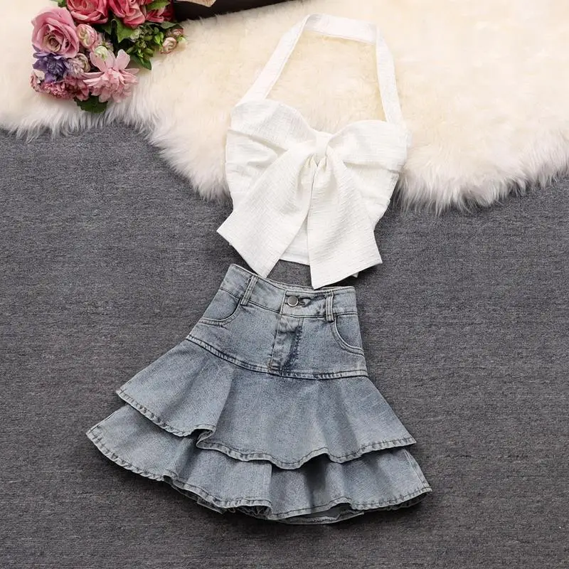 Summer Women Sexy Sleeveless Tight-fitting Hanging Neck Collar Top Vest Vintage Denim High Waist Mini Skirts Two-piece Set New ultra short sexy tight low waist denim short shorts women hip exposed pants exposed temptation trendy nightclub special sex pant