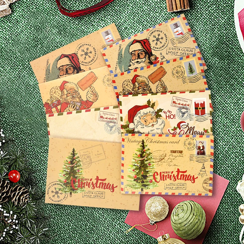 5Pcs Christmas Postcard Greeting Card Vintage Christmas Stamp Cards with Envelopes New Year Gift Card Xmas Party Decor Supplies