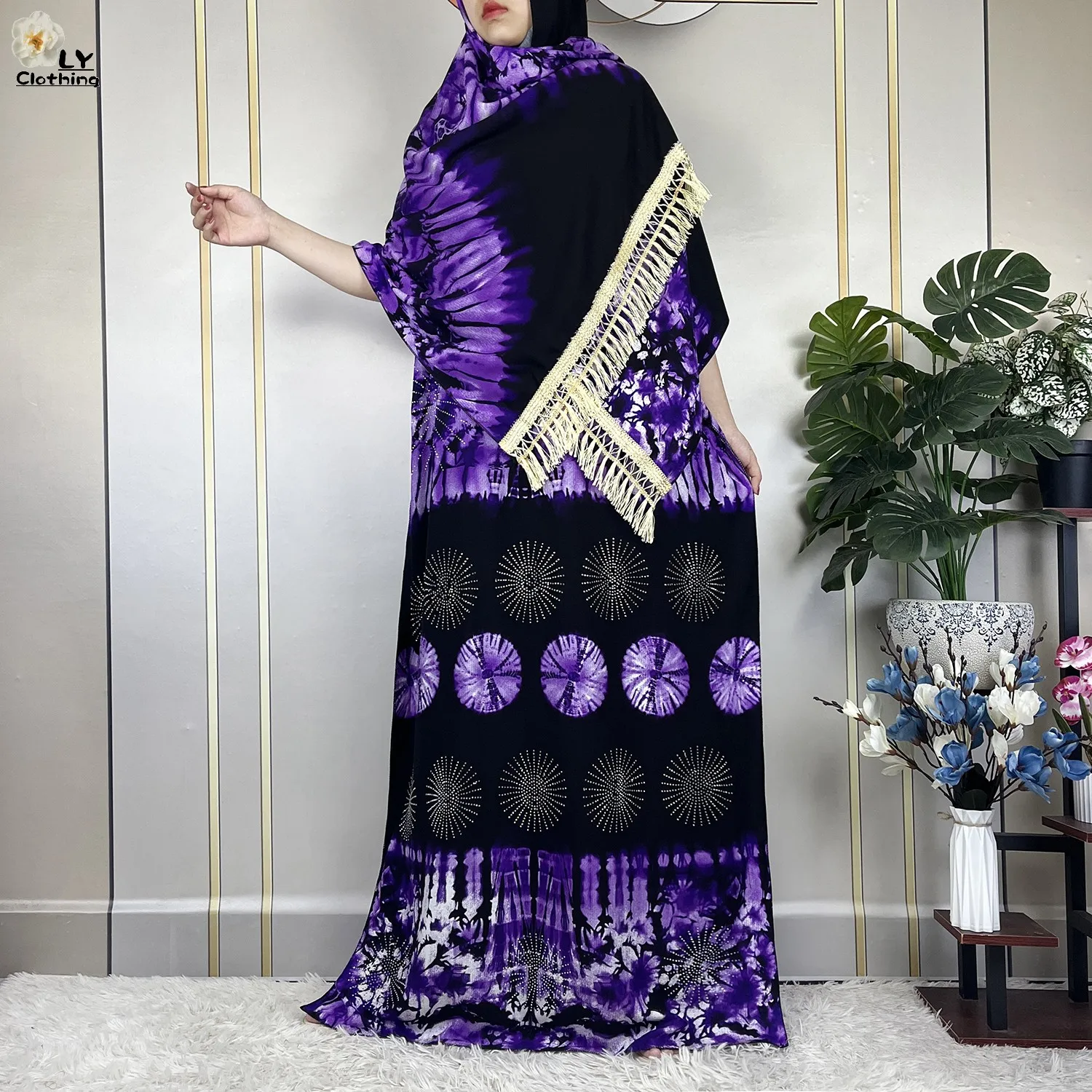 2023 New African Abaya Lady Short Sleeve Dress With Big Lace Scarf Cotton Printing Tie-dyed Maxi Islam Women Summer Loose Robe 5