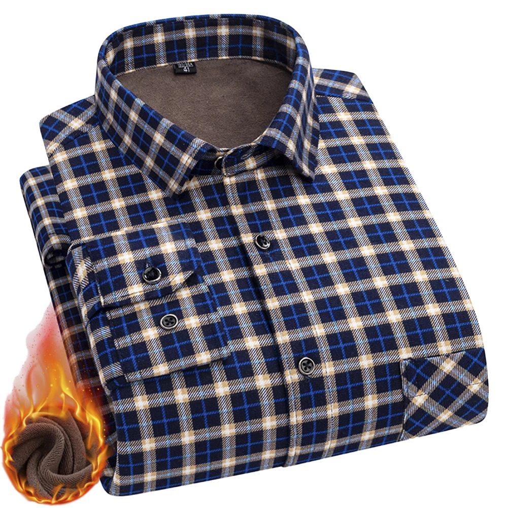 New Mens Autumn Winter Warm Plaid Plush Thickened Fleece Lined Button Lumberjack Jacket Keep Blouse Top Middle-aged Male Shirts male keep warm oxford fabric simple japanese style autumn winter plush thicken solid colour polo neck shirts single breasted