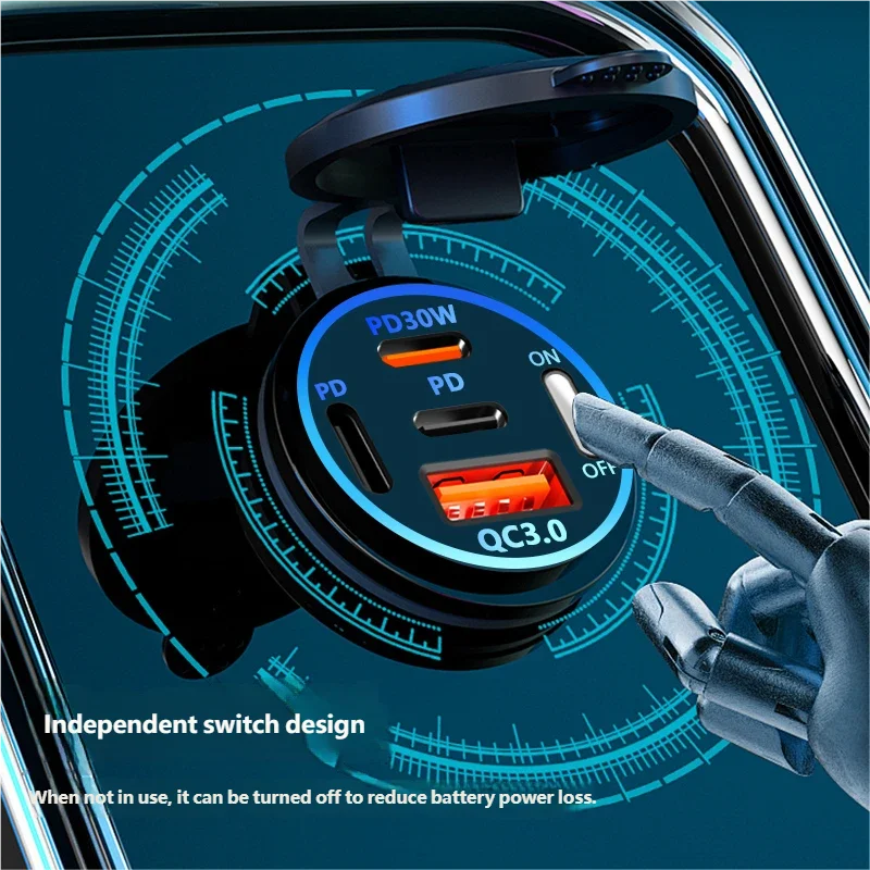 Caricabatteria da auto 12-24V USB Pd3.0 Qc3.0 Caricatore multifunzione per auto Luce blu con interruttore a chiave adatto per auto navi e camion - immagine 4