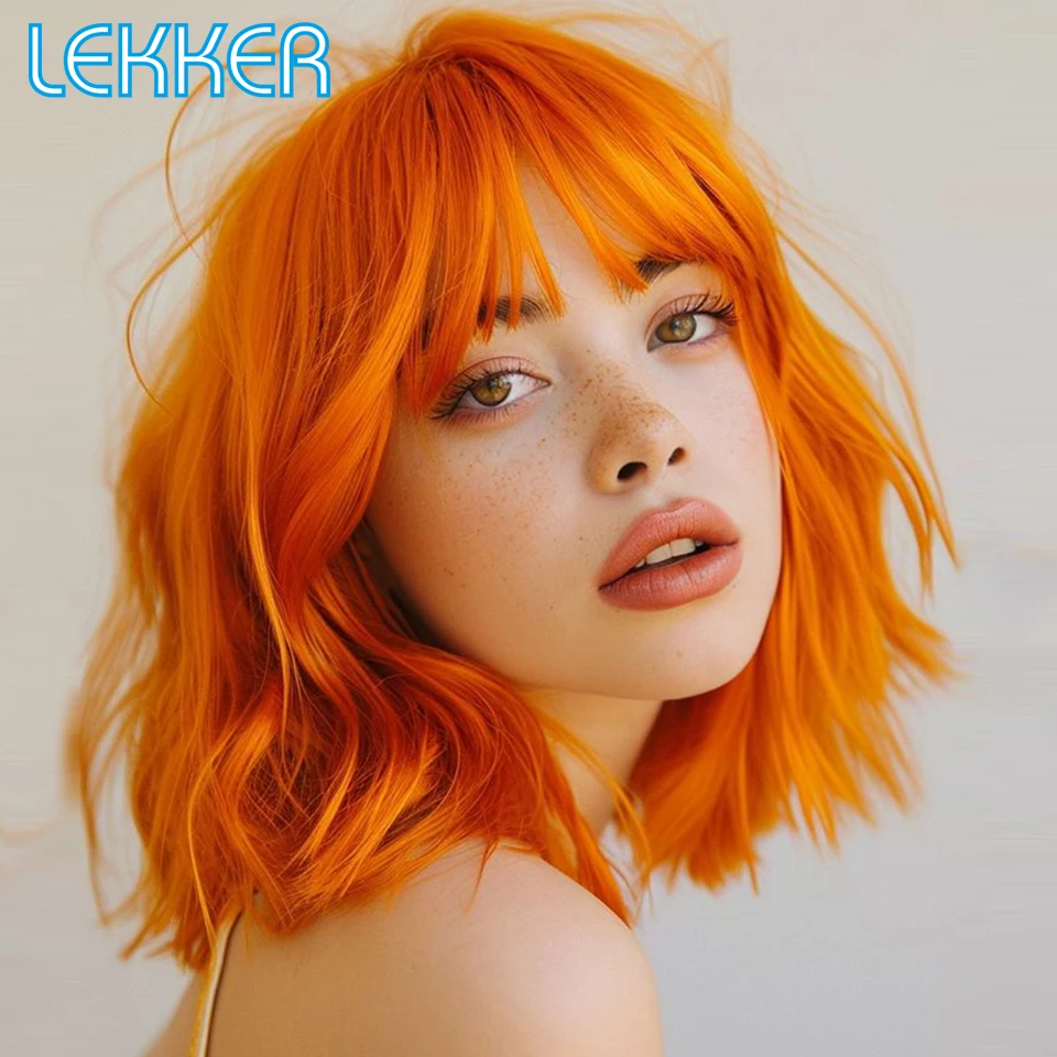 

Lekker Wear to go Orange Ginger Bone Straight Human Hair Wigs With Bangs For Women Brazilian Remy Hair Colored Short Bob Wigs