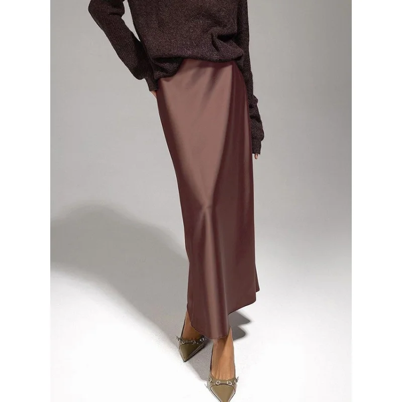 2024 New Spring Fashion Retro Brown Commuter Satin Skirt Women's Office Dress Yy18