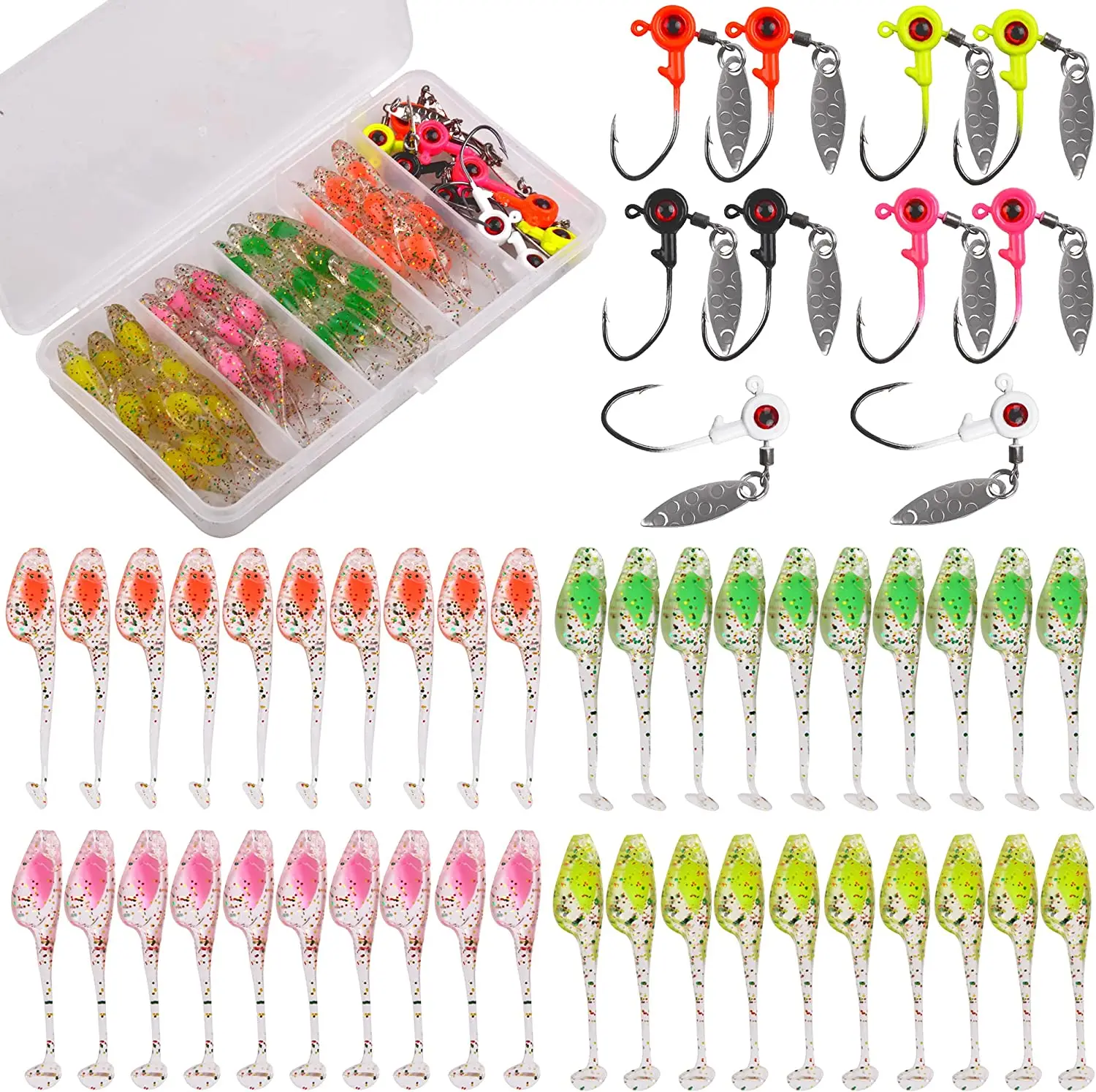 

50PCS Crappie Jig Worm Lure Kits Fishing Jig Head Hooks Round Ball Jig Hook Soft Plastic Lures Bass Swimbait