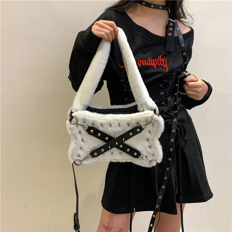 Bag Rivet Handbags Plush Shoulder For Women Style Handheld Crossbody High-Quality Messenger Versatile Luxury Casual Female Y2k