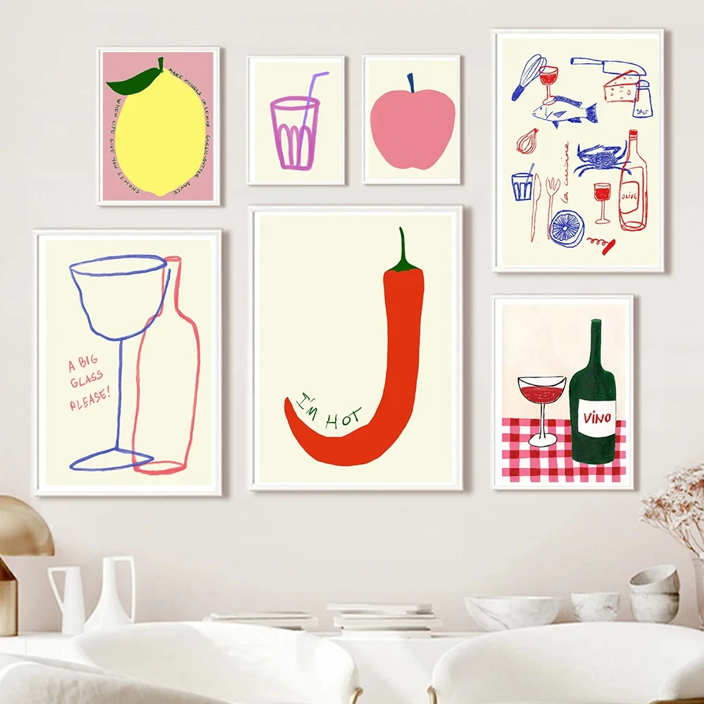 

Chilli Lemon Wine Art Print Modern Kitchen Wall Art Canvas Painting Nordic Posters For Living Room Bar Kitchen Home Decor