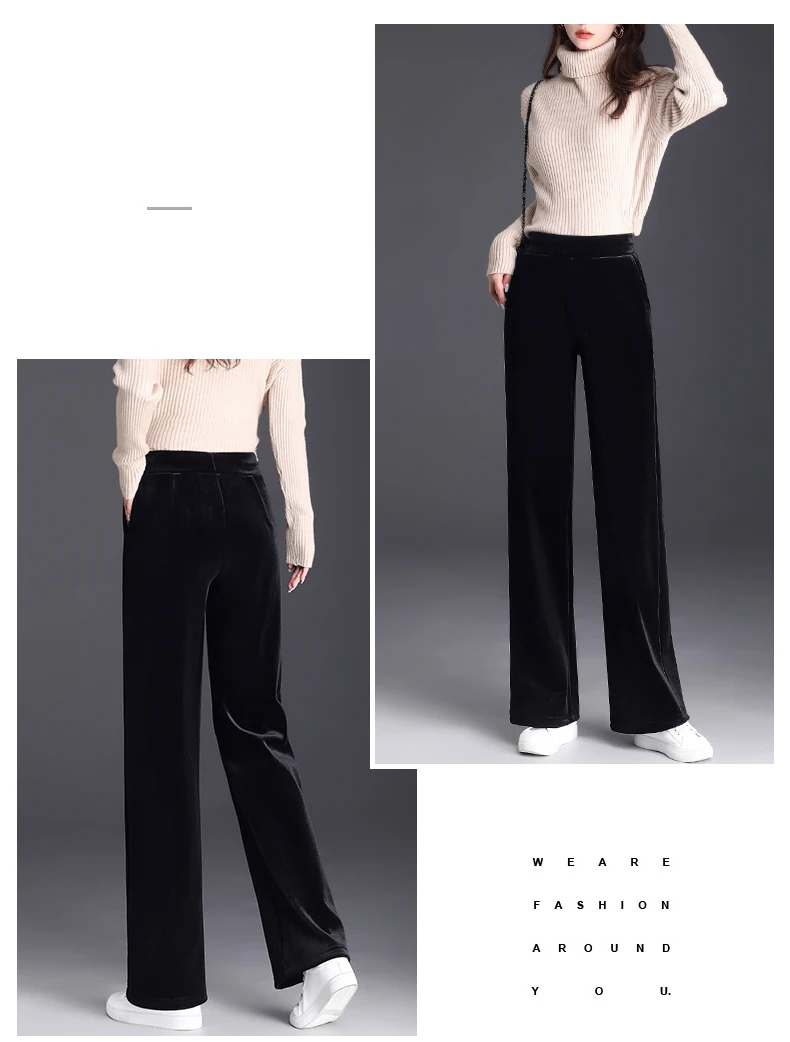 Korean style blue velvet wide leg pants for women in spring and autumn, high-end fashion, loose fit, plus size casual pants