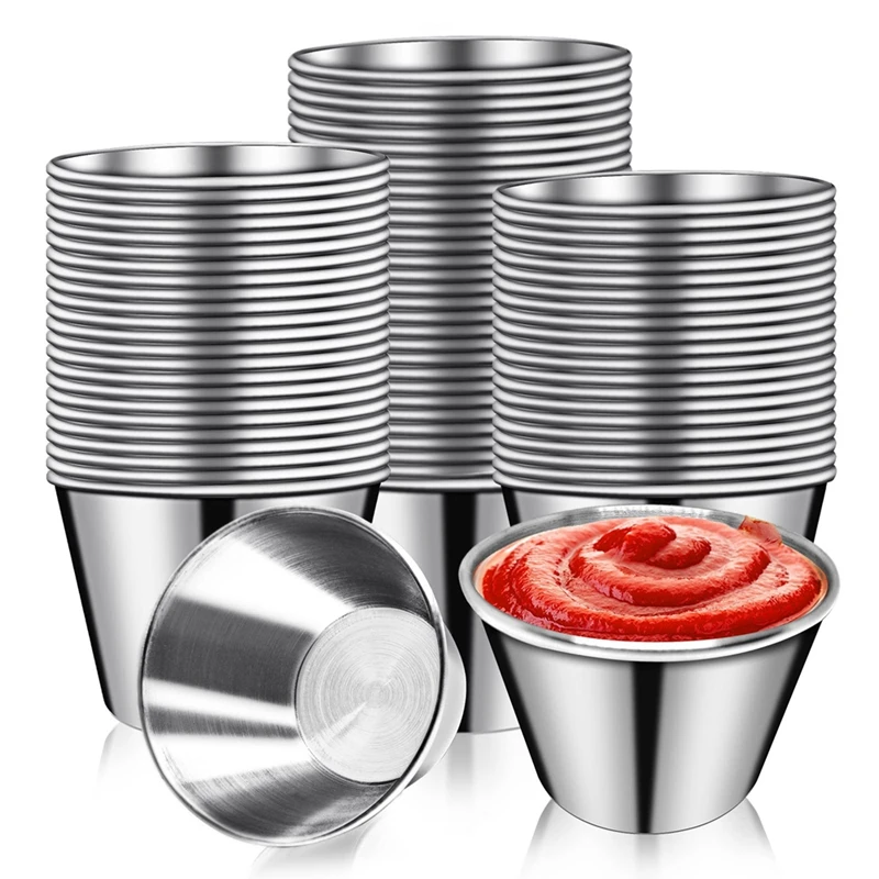 

Металлические чашки для соуса Ramekins, 50 шт., 2,5 унции, чашки для соуса из нержавеющей стали, серебристые многоразовые металлические фотоаксессуары