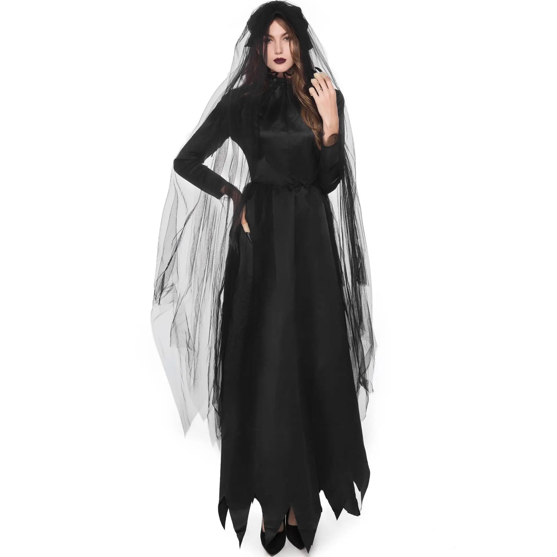 

Death Ghost Witch Tulle Robe Frock for Women Scary Vampire Bride Cosplay Outfit Halloween Carnival Party Cap yarn and Long Dress