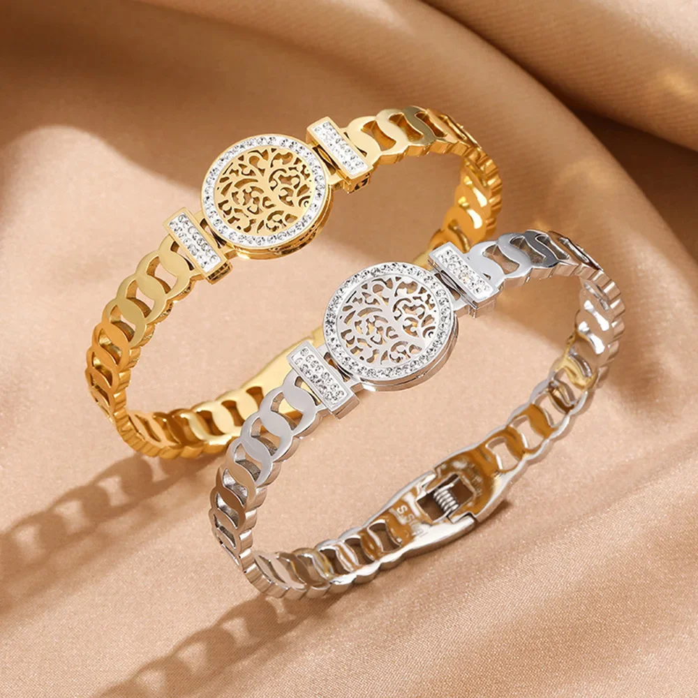 Life Tree Bangles For Men Luxury Inlaid Zircon Thick Chain Type Stainless Steel Gold Plated Bracelets Jewelry Father's Day Gifts 6