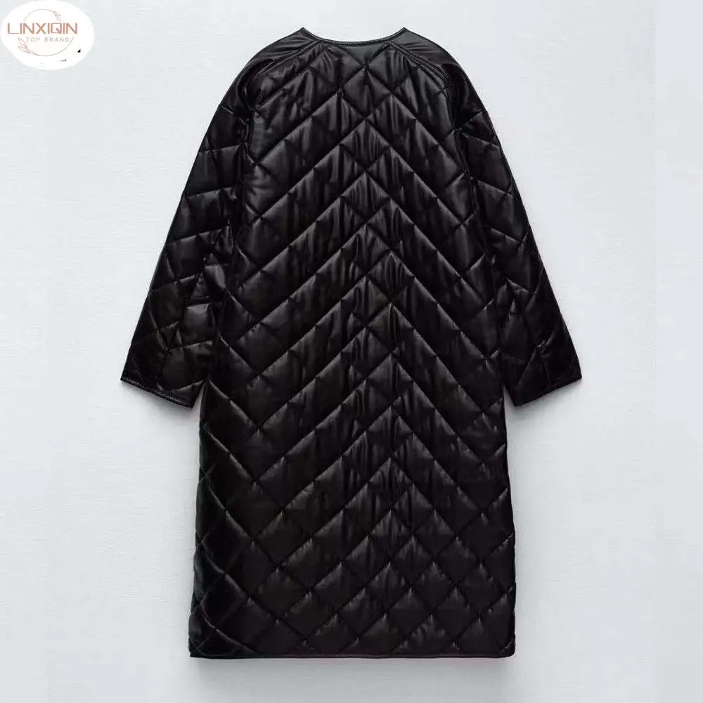 

LINXIQIN 2024 Winter Vintage Warm Black Leather Coat Female Casual Loose Streetwear Long Sleeve Parkas Midi Outwear Jacket