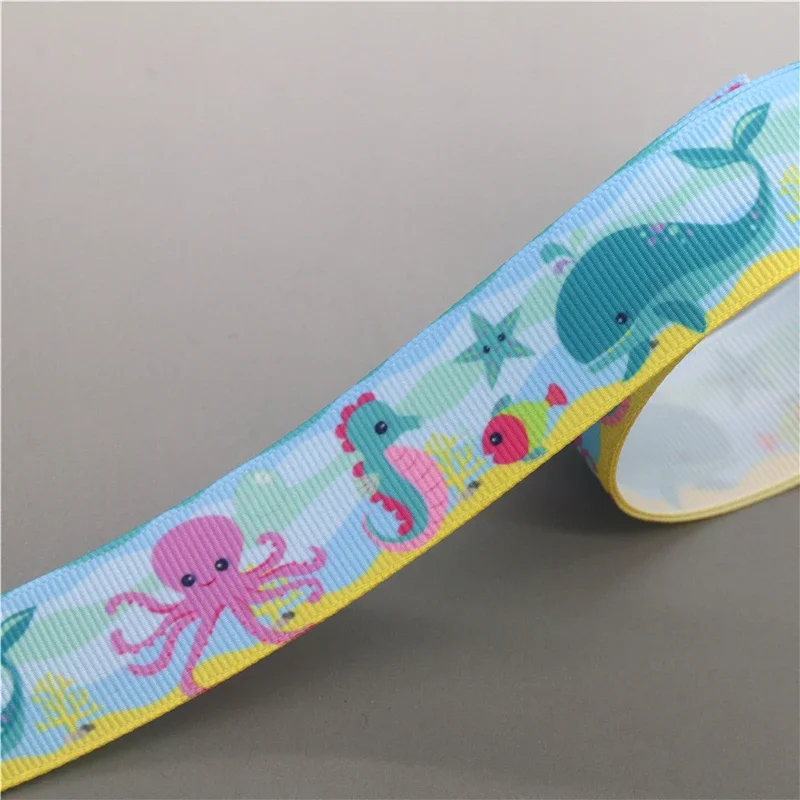 Whale Sea Animals Printed Grosgrain Ribbon 7/8'' 5yards Accessory Hairbow Headwear Decoration DIY C1810