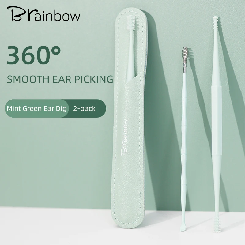 Brainbow 2pcs Earpick Set Mint Green PP+Silicone Screw Head Remove Earwax 360 ° Smooth Massage Ear Picking Ears Care Tools silicone thumb knife protector set picking vegetables pinching grape strawberry picking bean cut anticut finger garden tools