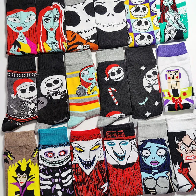 44 Style Trendy Men Socks Cartoon Cotton Women Ursula Maleficent Jack Skellington Sally Funny Couple Socks Happy Long Crew Socks