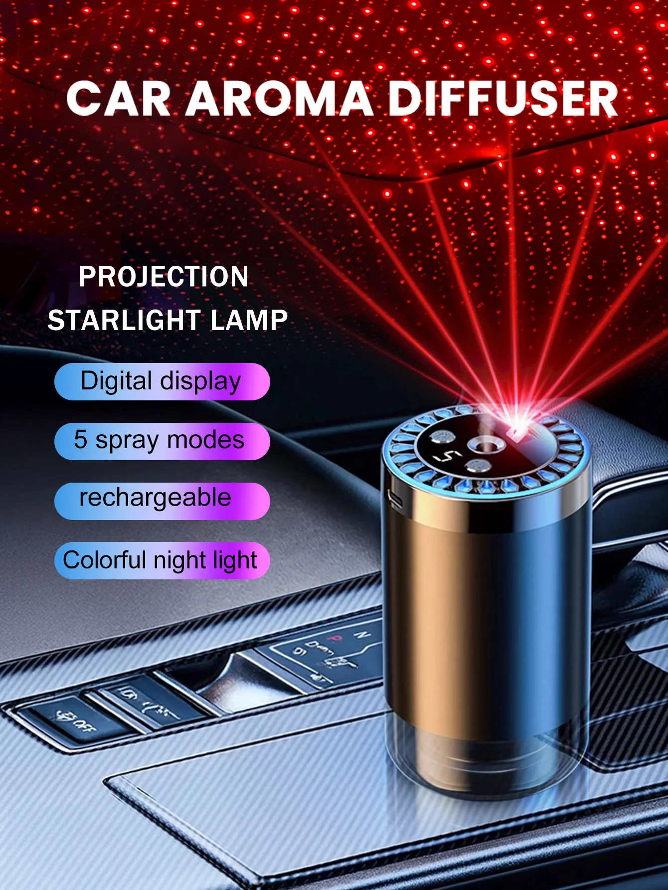 Rechargeable car aroma diffuser, aromatic essential oil, colorful lights, romantic starry sky lights, bedroom gift 3