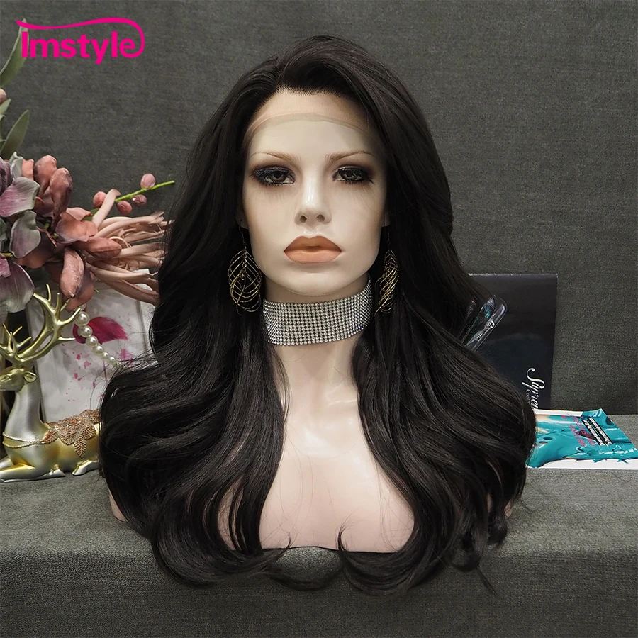 Synthetic wig Imstyle Black Wig Synthetic Lace Front Wig Heat Resistant Fiber Natural Wavy Daily For Women 20 Inch