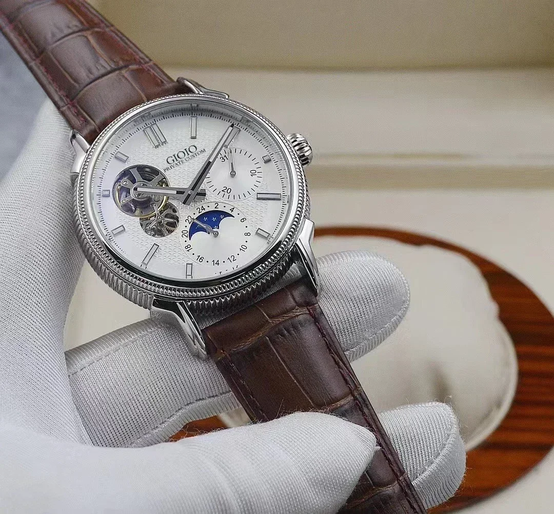 

Новинка 2023, автоматические мужские механические часы, часы цвета розового золота из нержавеющей стали, черные, с кожаным ремешком, часы Tourbillion MoonPhase