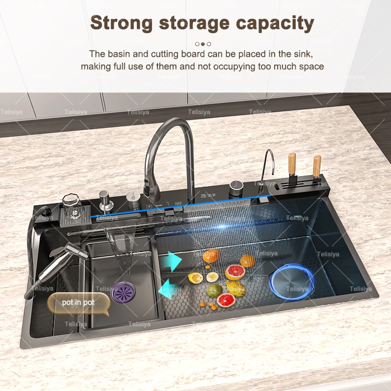Stainless Steel Waterfall Kitchen Sink Embossed Single Bowl Digital Display Extra Large Multifunctional Washing Sinks 100x50cm kitchen accessories,kitchen sink